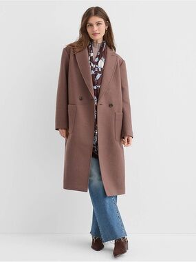LOFT Brown Double-Breasted Wool-Blend Patch Pocket Coat XL-P